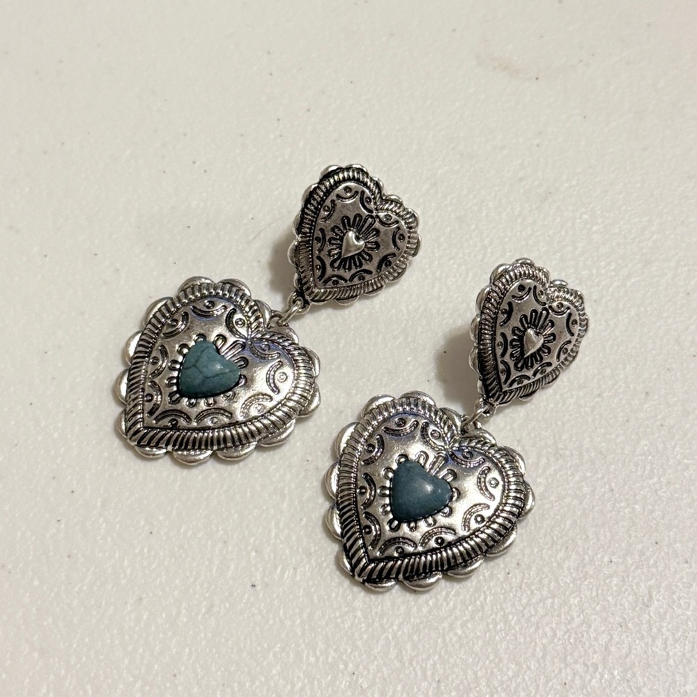 Western Silver Heart Drop Earrings with Turquoise Accents - Picture 5 of 7